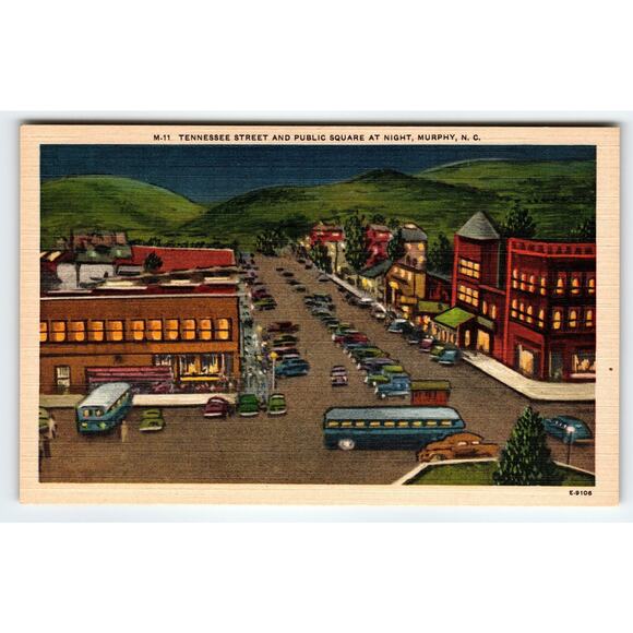 Vintage Linen Postcard Tennessee Street & Public Square Night Murphy NC - Picture 1 of 2